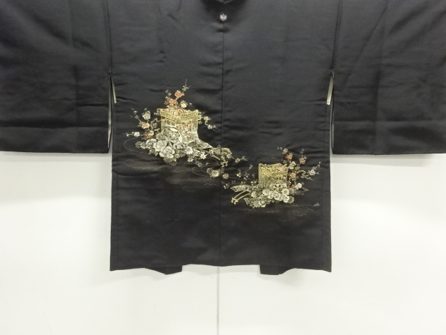 JAPANESE HAORI COAT / URUSHI / GOSHO CART & FLOWER / ONE CREST